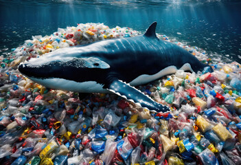 Une baleine avec de la pollution plastique au fond de la mer- generative AI