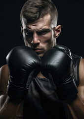 muscular handsome male boxer in boxing gloves on a black background, studio photo, portrait of an athlete, training, face, brutal, strong man