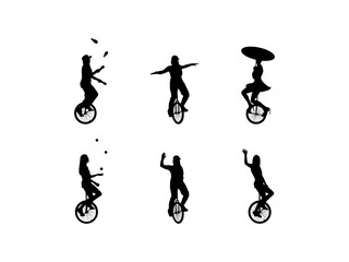 Set of Woman Riding Unicycle Silhouette in various poses isolated on white background © Lutfe Saba Prionti