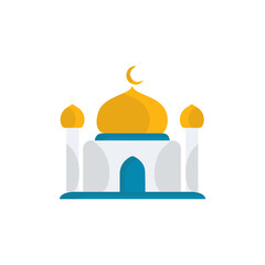 Muslim mosque isolated flat facade on white background. Flat with shadows architecture object. Vector cartoon design. Beautiful muslim temple icon illustration. Eastern cultural landmark.