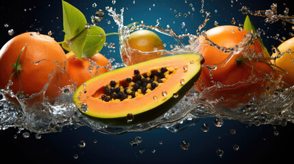 Smooth Fresh ripe organic Papaya Tropical Fruits slices and falling into water and splashes created with Generative AI Technology