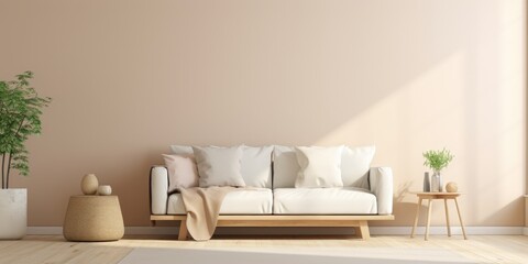 Fototapeta na wymiar Scandinavian style, with light sofa, wooden floor, side table, and beige walls.