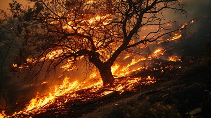 A blazing tree engulfed in flames, a deadly wildfire threatening nearby roads and vehicles with innocent occupants.