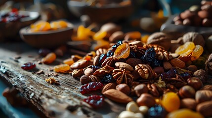 A mix of nuts and dried fruits on a rustic wooden background, a selective focus