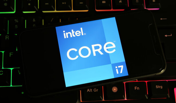 Viersen, Germany - January 4. 2024: Closeup of mobile phone with logo lettering of Intel Core i7 processor on computer keyboard