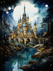Fototapeta na wymiar Children's Picture Book Illustration of an Enchanted Castle by Moonlight