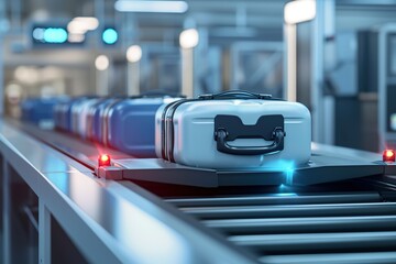 Suitcases on an airport security conveyor belt glide towards a scanner, a prelude to safe travels - 704568071