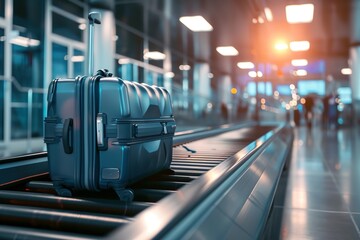 Suitcases on an airport security conveyor belt glide towards a scanner, a prelude to safe travels - 704568089