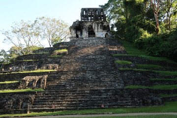 Temple XIV/Templo XIV in the early morning sun, historical site of Palenque, Mexico