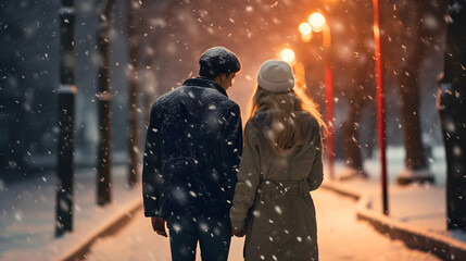 Rearview photo of a man and woman holding hands, walking on the snowy city street or park with trees in winter night wearing jackets and caps. Young couple in marriage love relationship romantic scene
