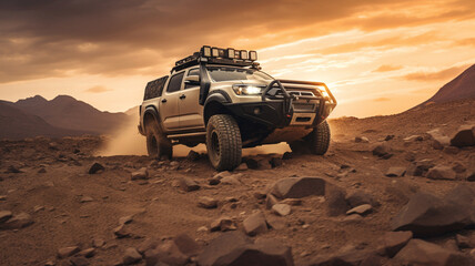 4x4 off-road SUV in the desert - obrazy, fototapety, plakaty