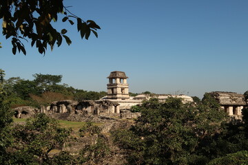 The Palace/El Palacio in the morning sun at the archaeological site of Palenque from a distance,...