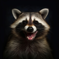 Happy Raccoon, Portrait of a Raccoon on a Black Background