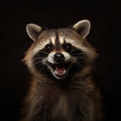 Fototapeta premium Happy Raccoon, Portrait of a Raccoon on a Black Background
