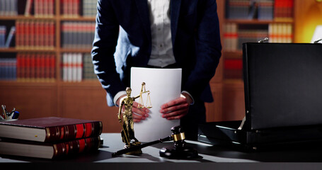 Courtroom Litigation Trial. Lawyer Opening Briefcase
