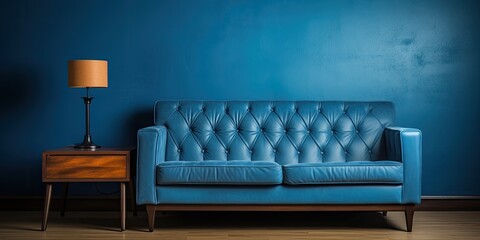 Blue and tan couch with a table