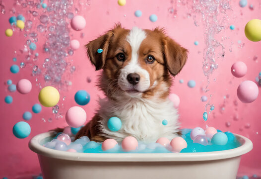 Un jeune chiot dans une baignoire avec des bulles - Generative AI