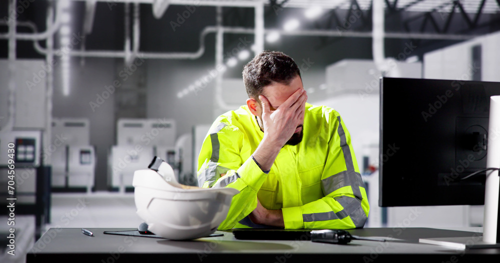 Aufkleber shocked engineer in automated semiconductor assembly line