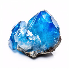 A blue turkvenit gemstone, a semiprecious mineral, sits alone upon a white surface for geological observation.