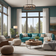 A Window to Elegance: Teal-Touched Living Room Brilliance