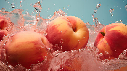 Smooth Fresh ripe organic pink Peach Fruits slices and falling into water and splashes