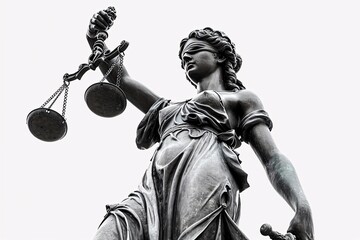 White isolated low angle view of Lady Justice statue representing fair treatment in legal system. - obrazy, fototapety, plakaty