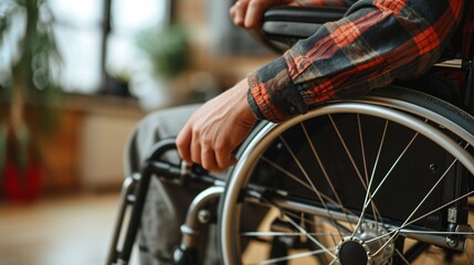 Patient with limited mobility using wheelchair being assisted by male caregiver in hospital setting.