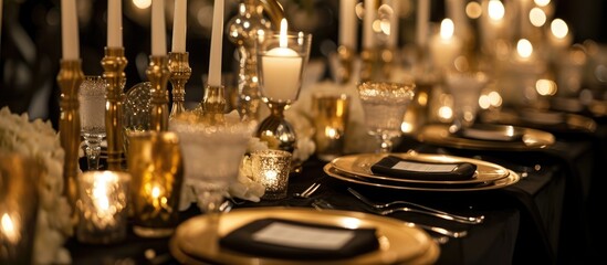 Fototapeta na wymiar Stunning candlelit plates in a mix of gold, white, and black.