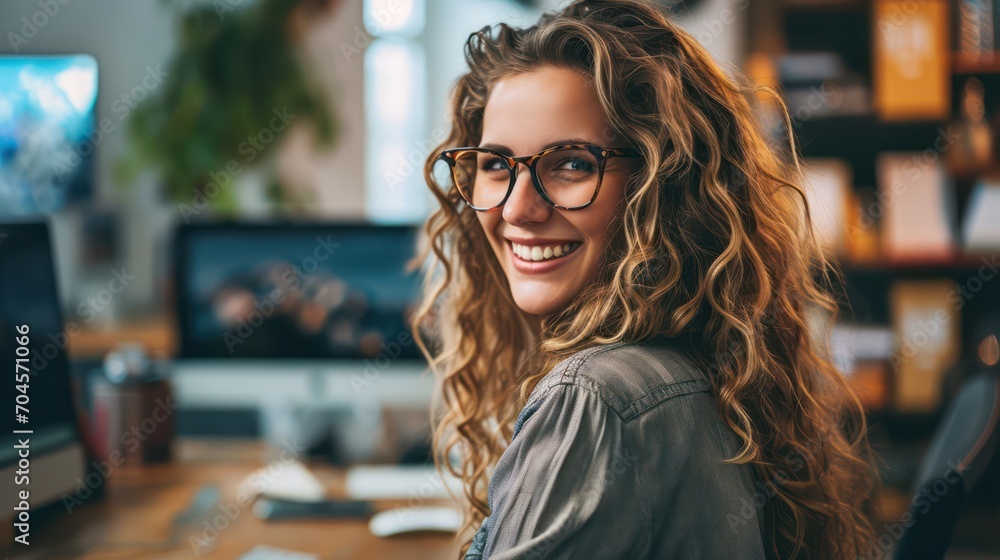 Wall mural Smiling young woman at her computer in the office, embodying the idea of a flexible 