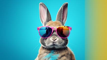 Fototapeta na wymiar Cute cartoon hare in glasses on a color background.Generative AI
