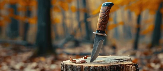 Rolgordijnen Elegantly designed hunting knife, nestled on a stump in a fall forest. © TheWaterMeloonProjec