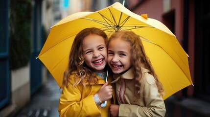 Two young girls, sharing laughter and a yellow umbrella, bring a burst of positivity to a rainy day.