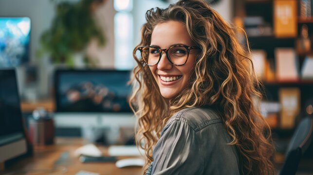 Smiling young woman at her computer in the office, embodying the idea of a flexible "work from everywhere" concept.
