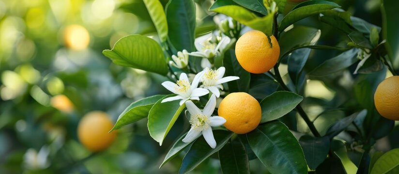 Fototapeta Israel's citrus trees bear white flowers and green leaves during a ripe harvest, often accompanied by the scent of orange blossoms.