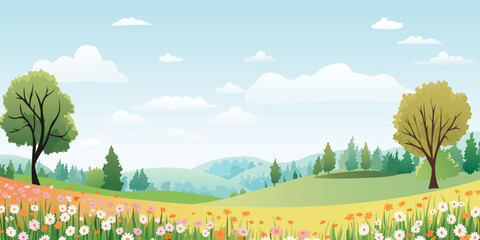 Summer or spring landscape with beautiful flowers. Meadows and fields strewn with flowers against a backdrop of green trees, hills and beautiful clouds. - obrazy, fototapety, plakaty