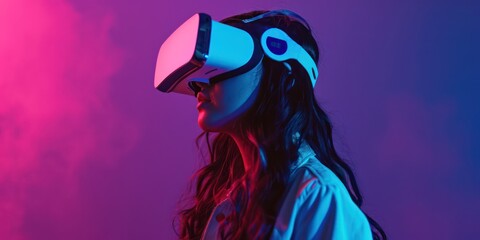 Naklejka premium A young woman wearing Virtual Reality glasses against a dark background, illuminated by vibrant neon lights. 