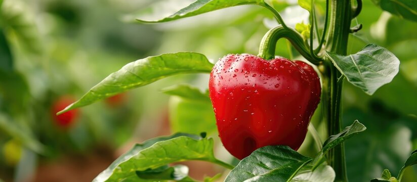 A red pepper grows on a green plant with a thick stem and green leaves. The chili pepper is shiny and ripe.