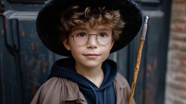 Wizard boy in eyeglasses with magic wand and magic hat