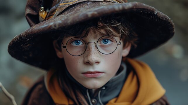 Wizard boy in eyeglasses with magic wand and magic hat