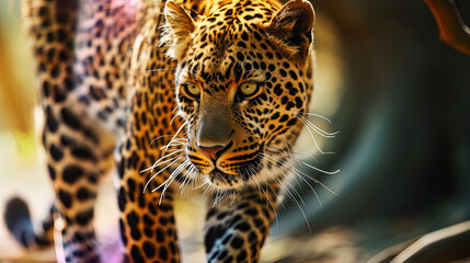 Photos of a leopard during hunting, with tense muscles and a concentrated look, conveys a moment o