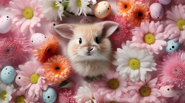 Cute rabbit and colorful Easter eggs. top view.Generative AI