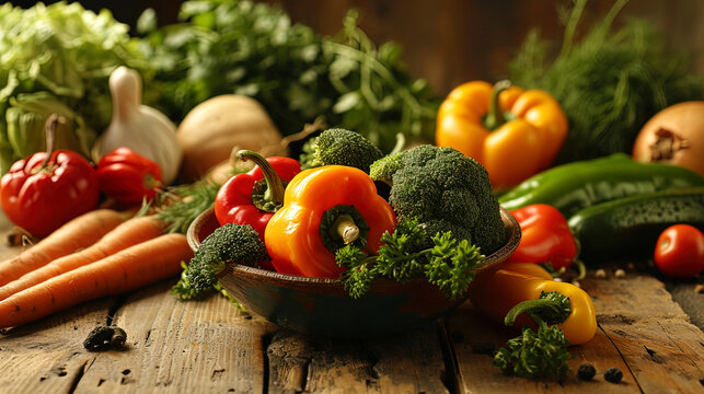 Photos of vegetables in a bowl on a wooden table carrots, sweet pepper and broccoli, creating a fr