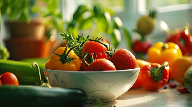 Photos with vegetables in a bowl on a bright background ripe tomatoes, colored peppers and zucchin