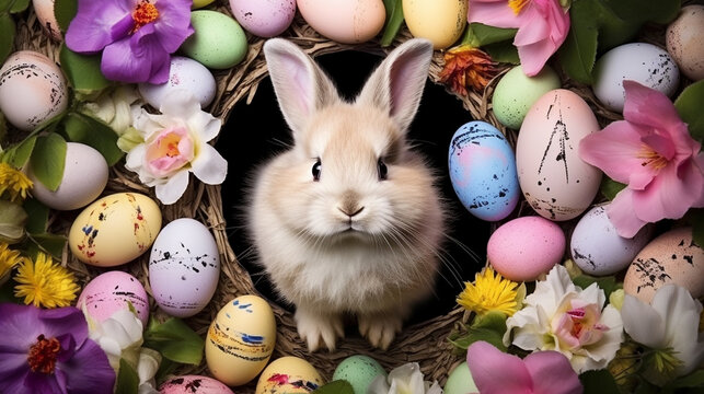 Cute rabbit and colorful Easter eggs. top view.Generative AI