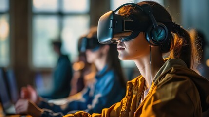 A student in a classroom, donned in virtual reality glasses and utilizing a VR headset, serves as an illustration of future technology and virtual reality.
