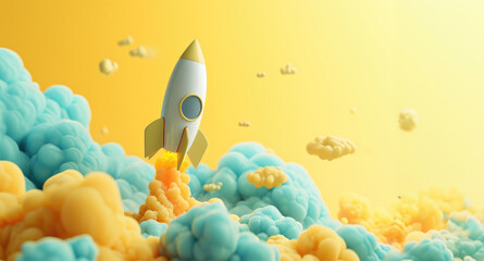 Fototapeta na wymiar 3D model of rockets taking off on a coloured background