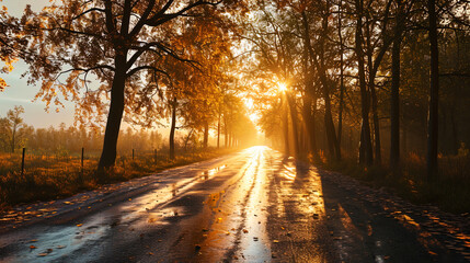 The moment of the meeting of the sun and the horizon on the road, where warm rays permeate the tre - obrazy, fototapety, plakaty