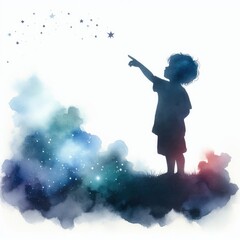 Silhouette of a boy, child pointing toward the stars.