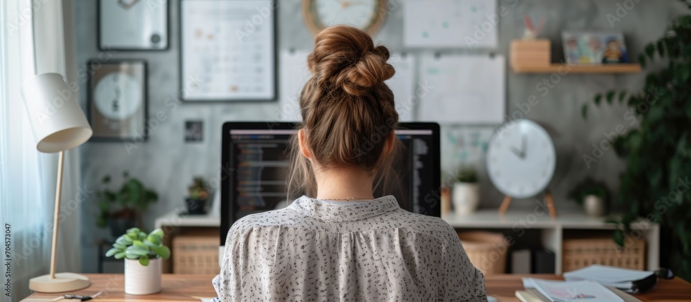 Wall mural female entrepreneur working from home at a desk.