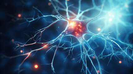 neuron cell with electrical pulses concept 3d illustration.